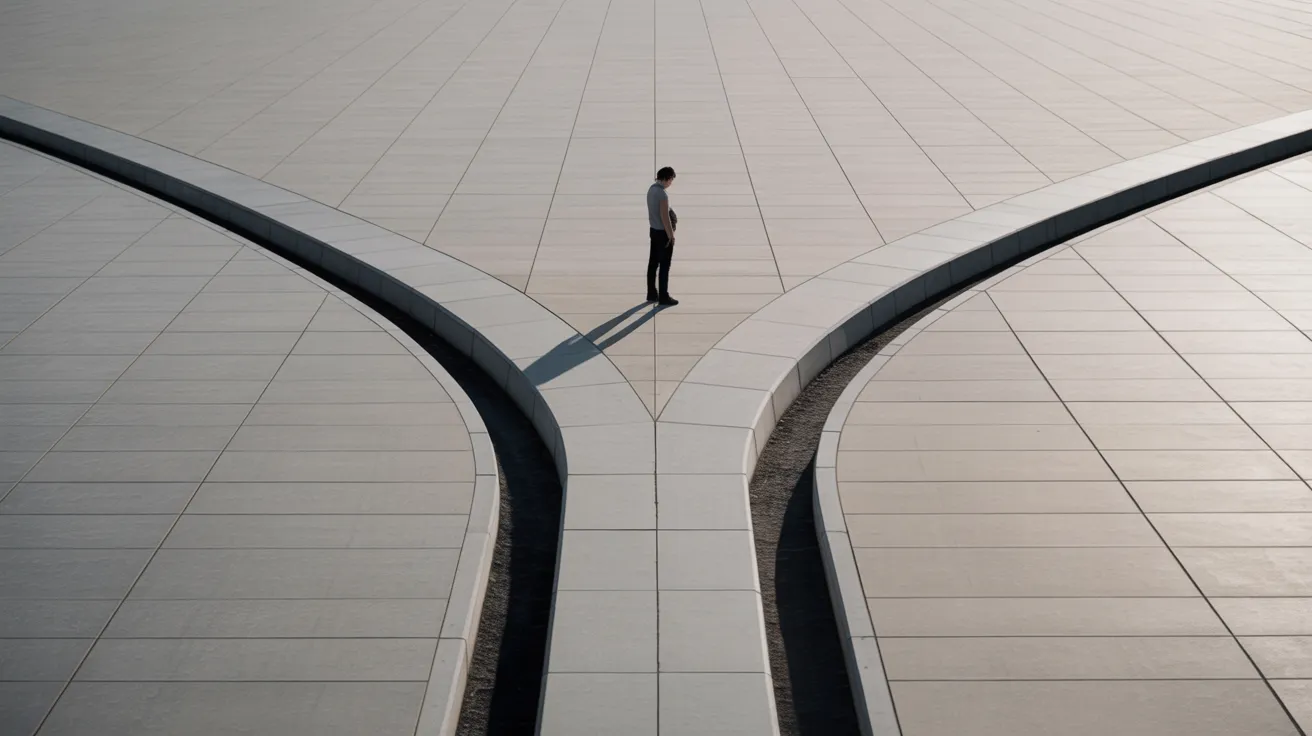 A person stands at a fork in a wide, minimalist concrete plaza, contemplating which path to take under a bright sun.