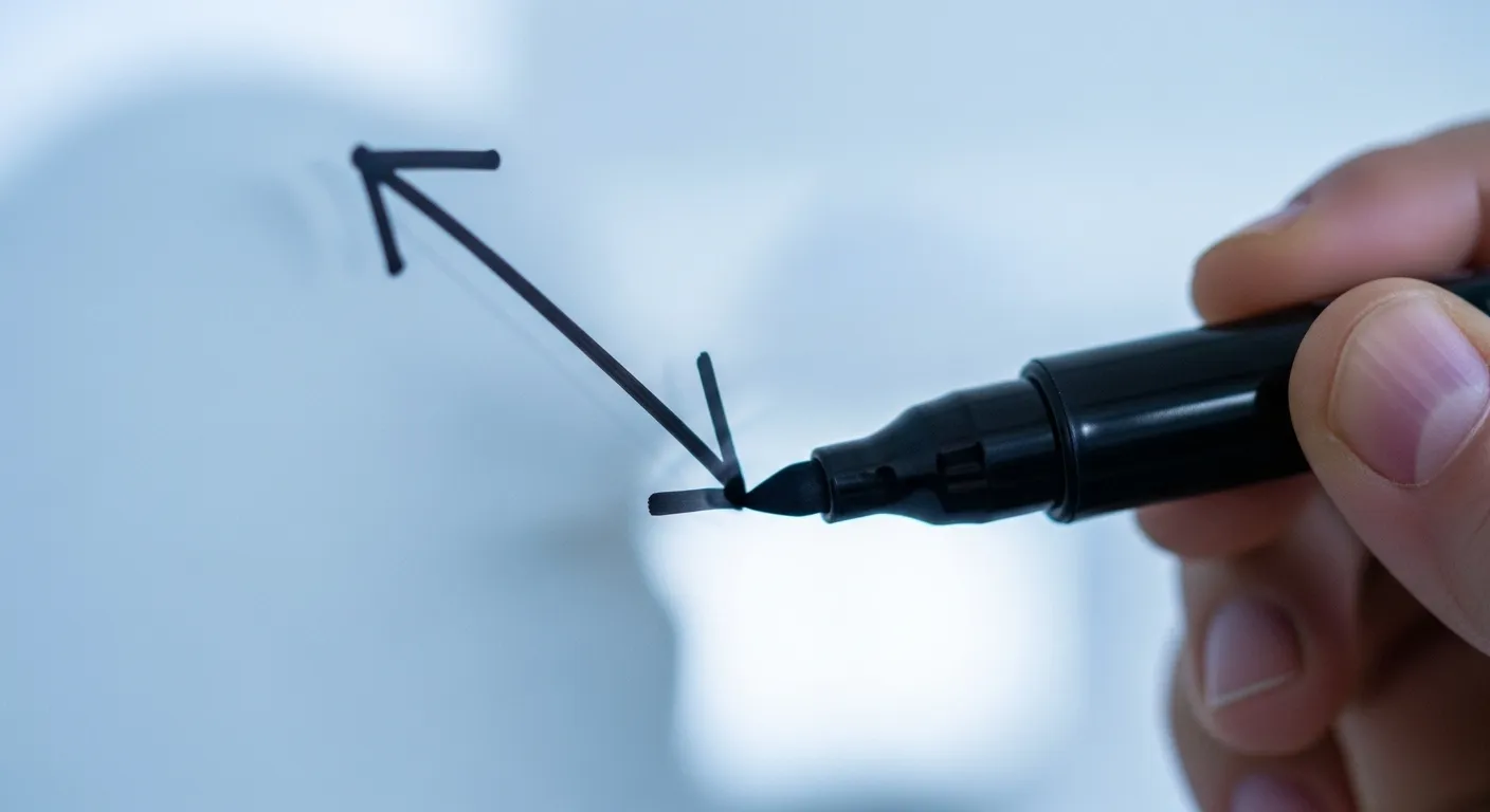 A macro photo of a marker tip drawing a straight arrow on a glass whiteboard in an office at twilight.