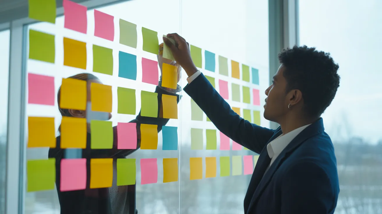 Two people work together to remove most of the colorful sticky notes from a glass wall in a modern office, leaving it clean and organized.