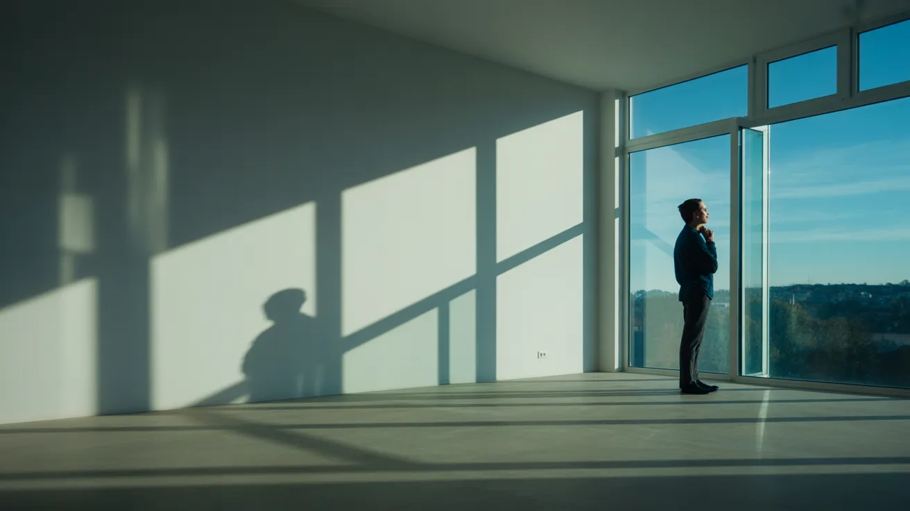 A person takes a quiet break, standing by a large window in a spacious, sunlit home office with dramatic shadows.