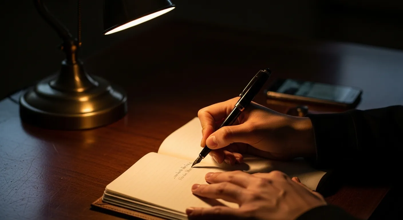 Close-up of hands writing in a notebook, illuminated by a sharp beam of light from a desk lamp in a dark room.