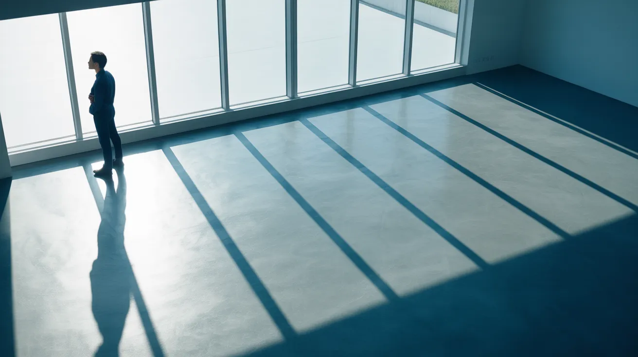 An ultra-wide shot of a sunlit minimalist room where a person looks out a large window, their long shadow cast by the harsh midday sun.