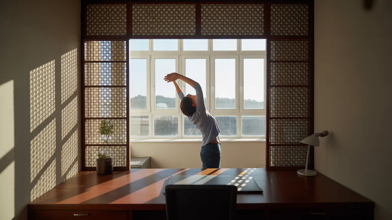 A person stretches in a sunlit home office corner, visually separated from the main living space by a screen, symbolizing a private digital environmen