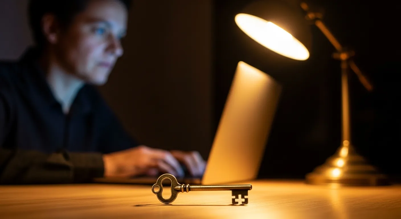 A brass skeleton key on a desk next to a laptop, with a person focused on the screen in the background under warm lamp light.
