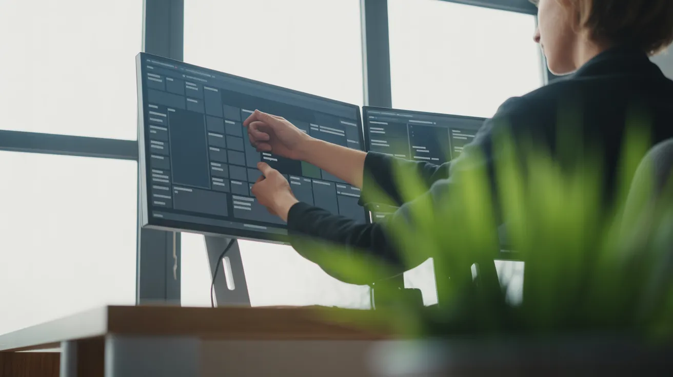 A person seen from a low angle works at a brightly backlit desk with two monitors and a plant in the foreground.