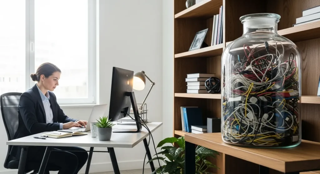 A person works at a clean desk in a sunlit office, with a large glass jar of tangled cables sitting contained on a nearby shelf.