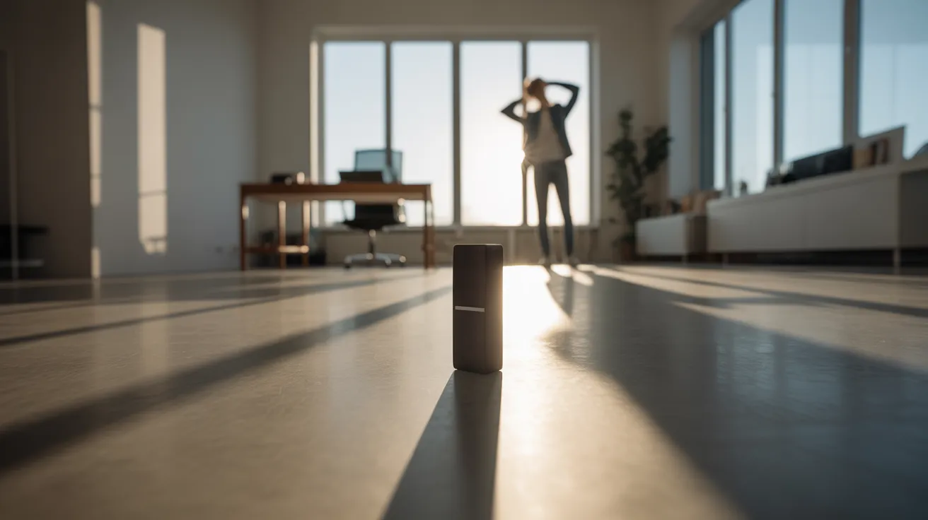 A single domino stands on a sunlit floor in a spacious, minimalist office, with a person taking a stretch break in the distant background.