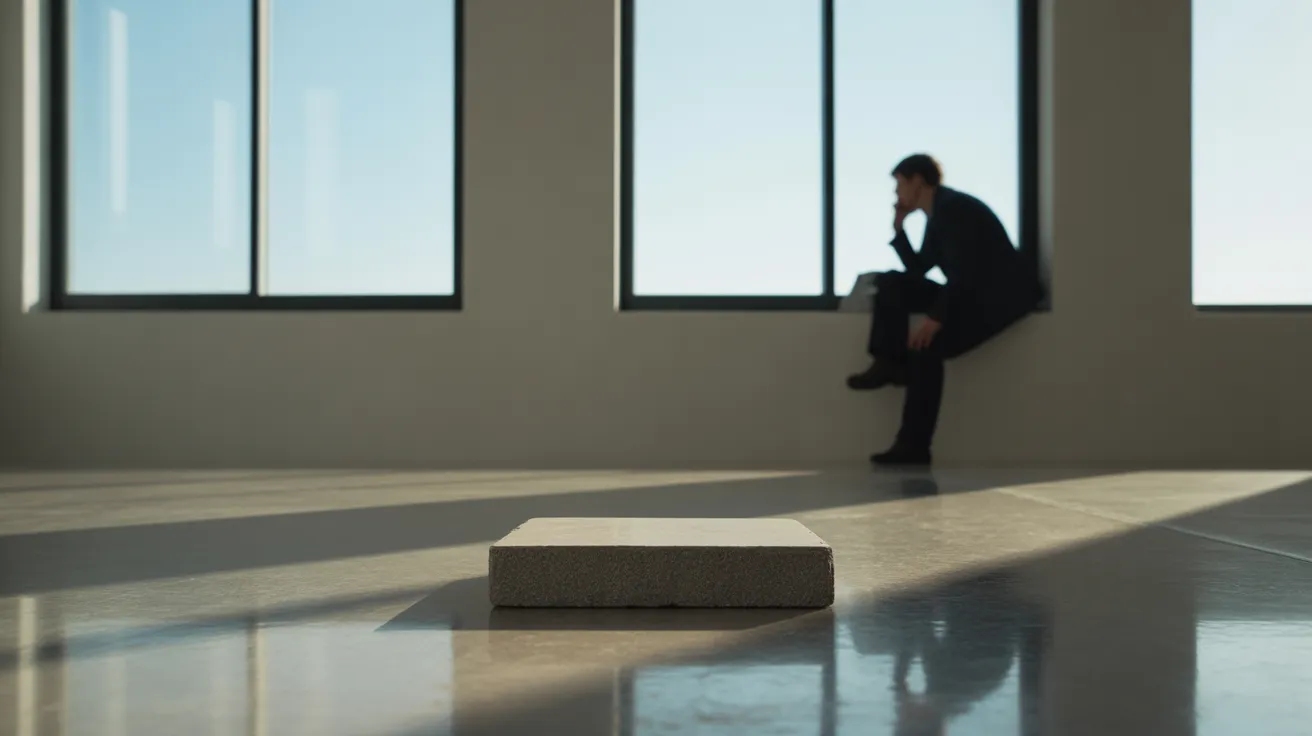 A person takes a break by a large window in a spacious room with harsh sunlight. A single stone block rests on the floor, symbolizing a first step.