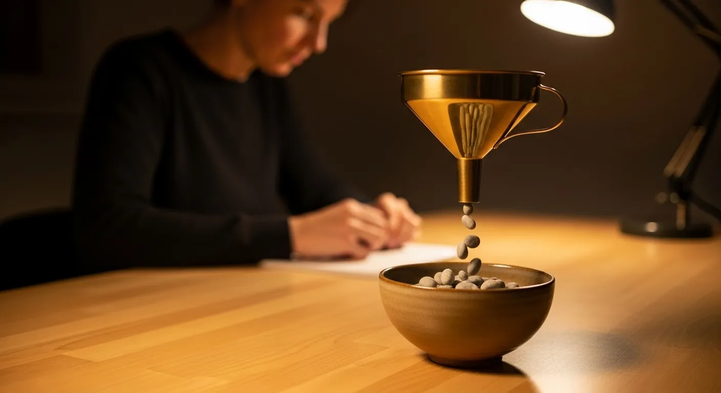 A brass funnel on a desk channels pebbles into a bowl, symbolizing a single point of focus, while a person works in the background.