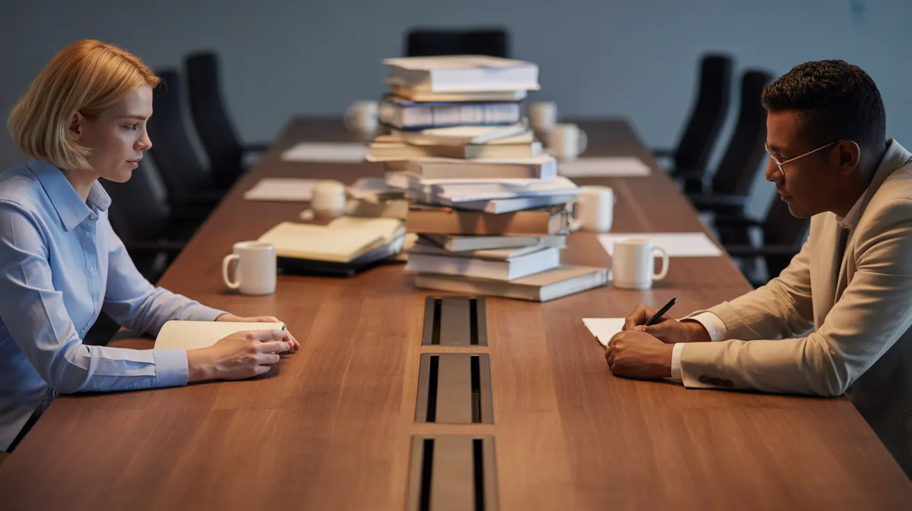 Two professionals work in a clean space on a cluttered table, a metaphor for focus amidst distraction. Overcast light fills the modern office.