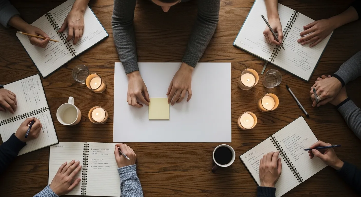 An overhead view of a team brainstorming around a candlelit table, using a large paper and one sticky note to focus on a single task.