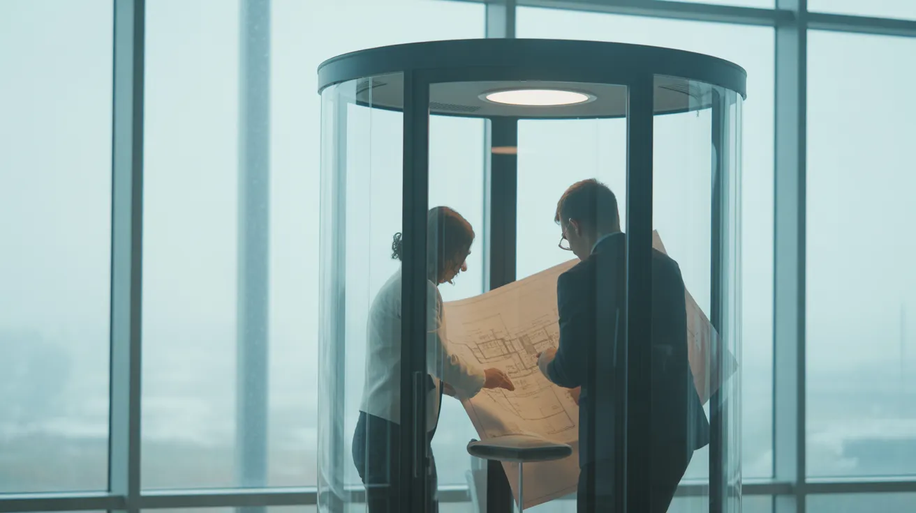 Two people work together inside a glass meeting room, focused on a document, illustrating a protected, focused environment.