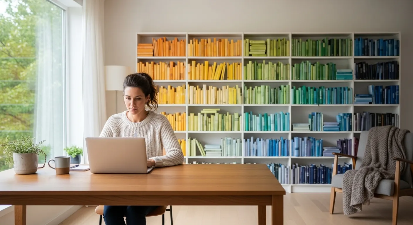 A woman works at an organized desk in a sunlit home office with a color-coded bookshelf in the background.