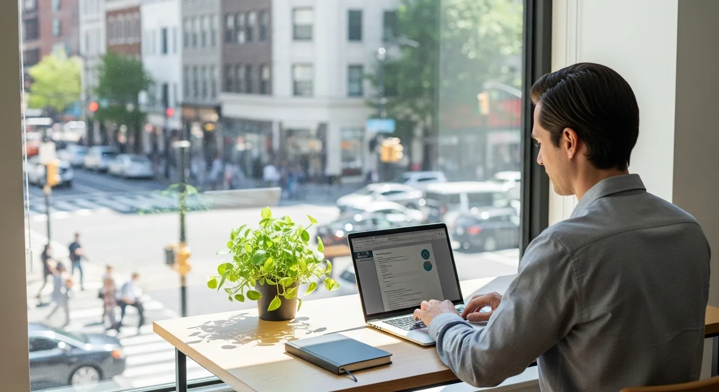 A person works at a clean desk in front of a large window with a view of a busy city, illustrating a calm and focused workspace.