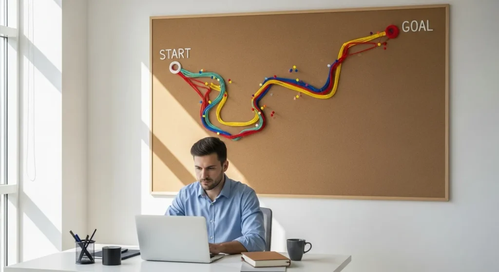 A person works at a desk in a bright room, with a large roadmap visualization on the wall behind them showing a planned journey.