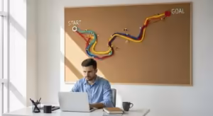 A person works at a desk in a bright room, with a large roadmap visualization on the wall behind them showing a planned journey.