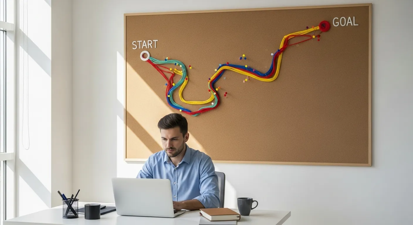 A person works at a desk in a bright room, with a large roadmap visualization on the wall behind them showing a planned journey.