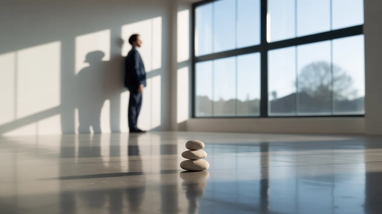 An ultra-wide view of a sunlit, minimalist office. A person looks out a window while a small stack of stones rests on the floor.