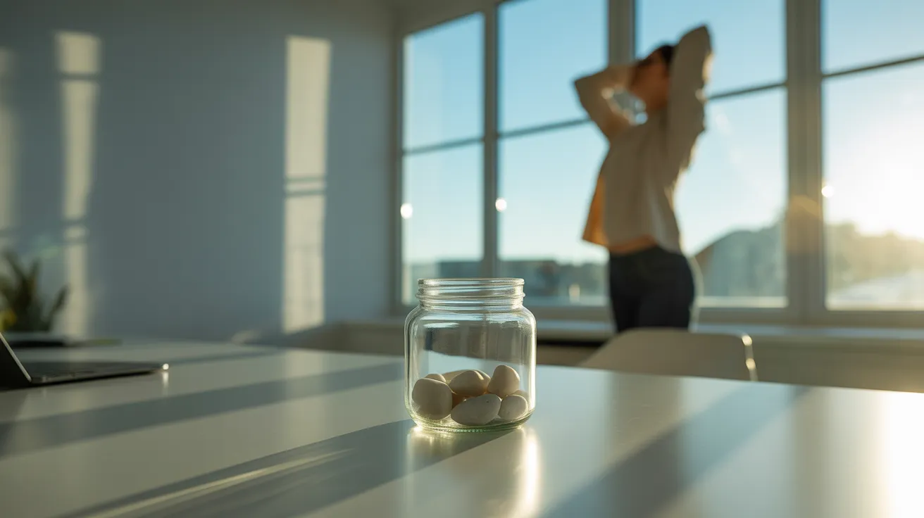 A sunlit home office with a person stretching by the window. A glass jar with seven pebbles sits on a desk in the foreground.