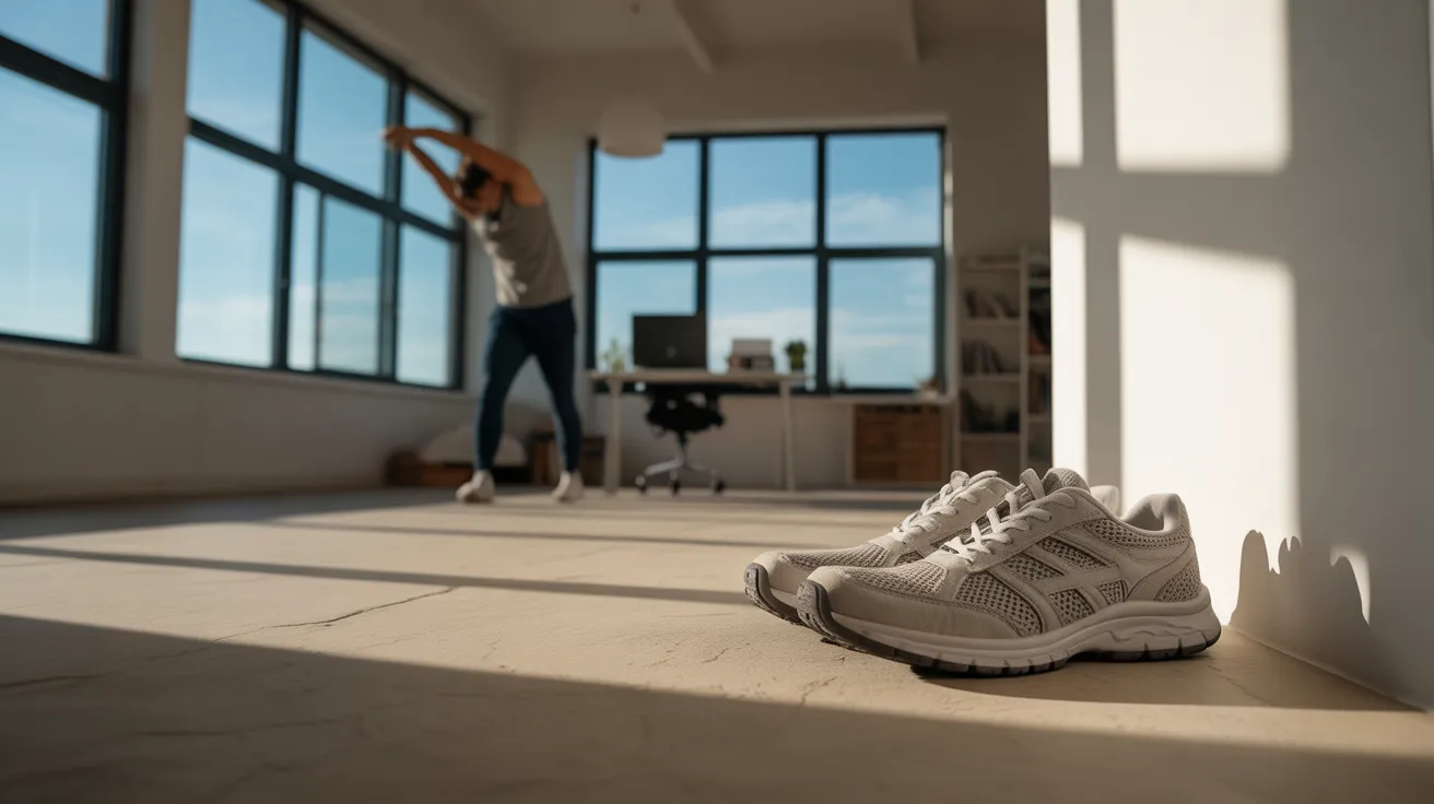 An ultra-wide view of a sunlit home office. In the foreground are running shoes, and in the distant background, a person is stretching.