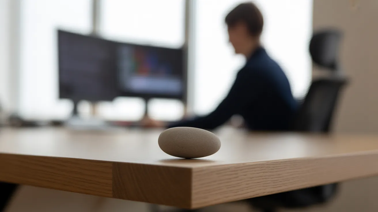 A low-angle photo of a smooth grey stone on the corner of a wooden desk. A person at a computer is visible in the out-of-focus background.