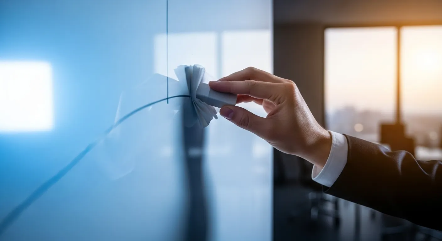 A close-up of a hand erasing a faint mark on a whiteboard in an office at twilight, symbolizing the process of unlearning.