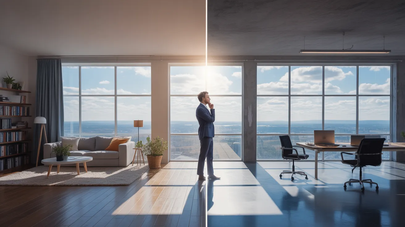 A person stands in a band of harsh sunlight in a room that is half home office and half corporate office, symbolizing a hybrid work life.