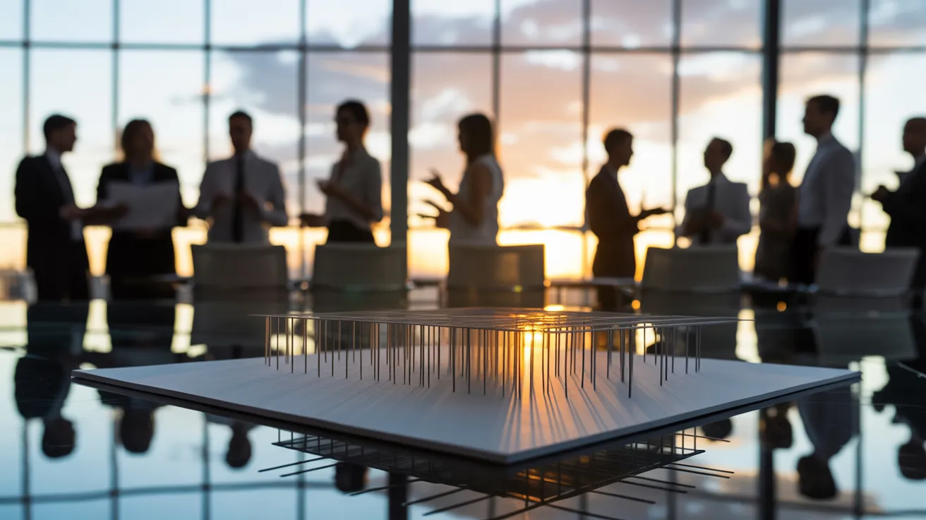 A simple prototype model on a meeting table, with a business team softly focused in the background against a sunset window.