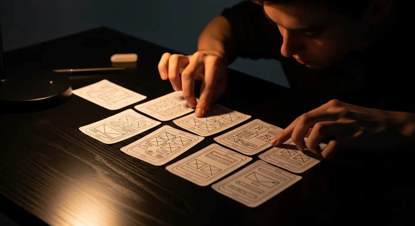 Close-up of hands moving small, abstract UI sketches on a desk under the warm glow of an evening lamp, showing an iterative design process.