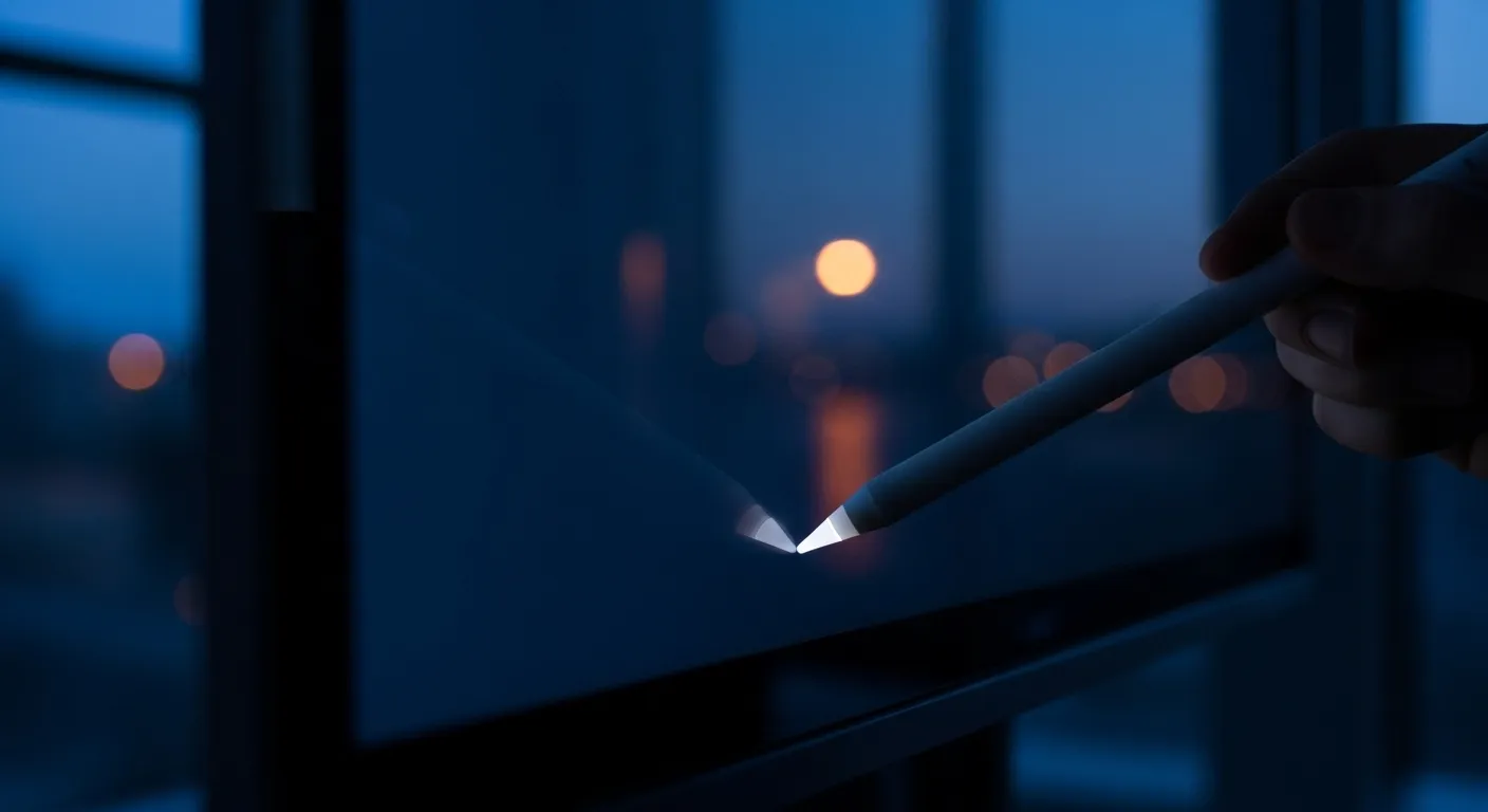 An extreme close-up of a stylus tip on a presentation screen, with out-of-focus city lights at dusk reflected on the surface.