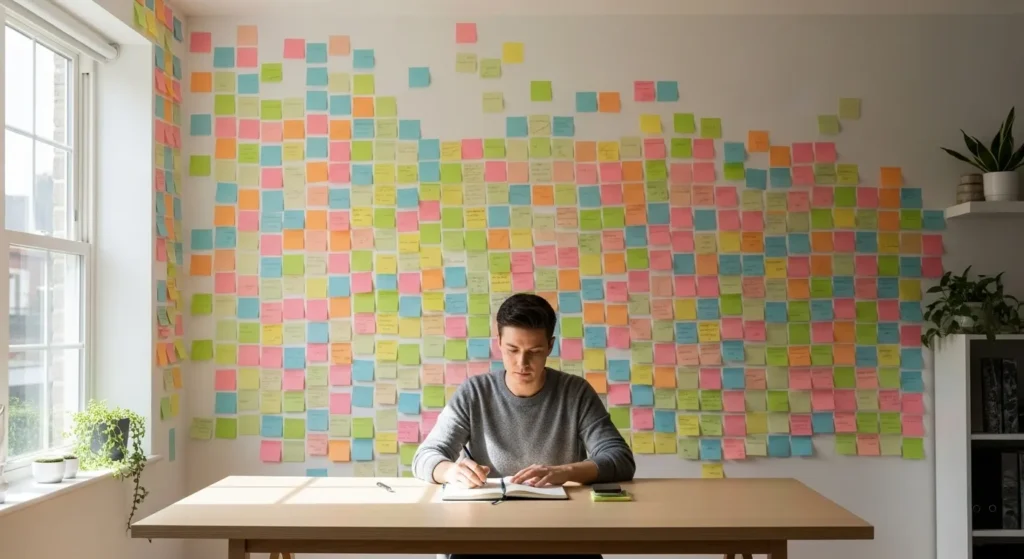 A person sits at a tidy desk in a sunlit office, with a wall behind them completely covered in a random pattern of blank colored sticky notes.
