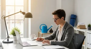 A focused person at a clean desk in a wide shot of a room, with objects representing home chores and personal life visible in the background.