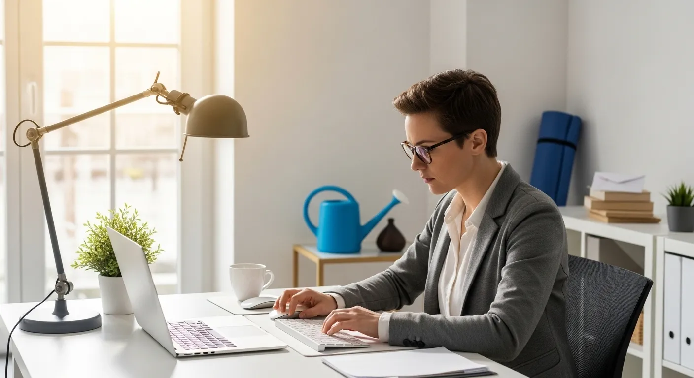 A focused person at a clean desk in a wide shot of a room, with objects representing home chores and personal life visible in the background.