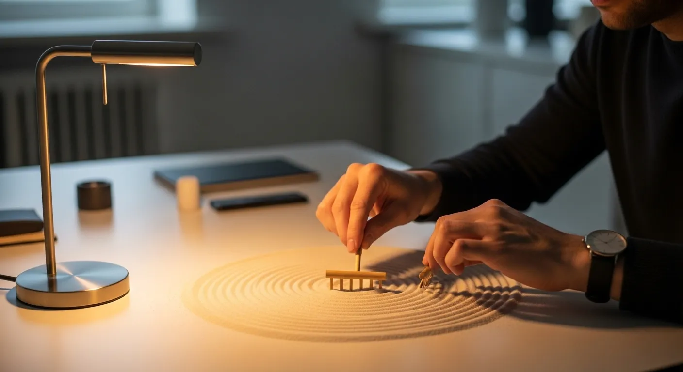 A person's hands carefully rake patterns into a miniature zen garden on a desk under the warm glow of a lamp.
