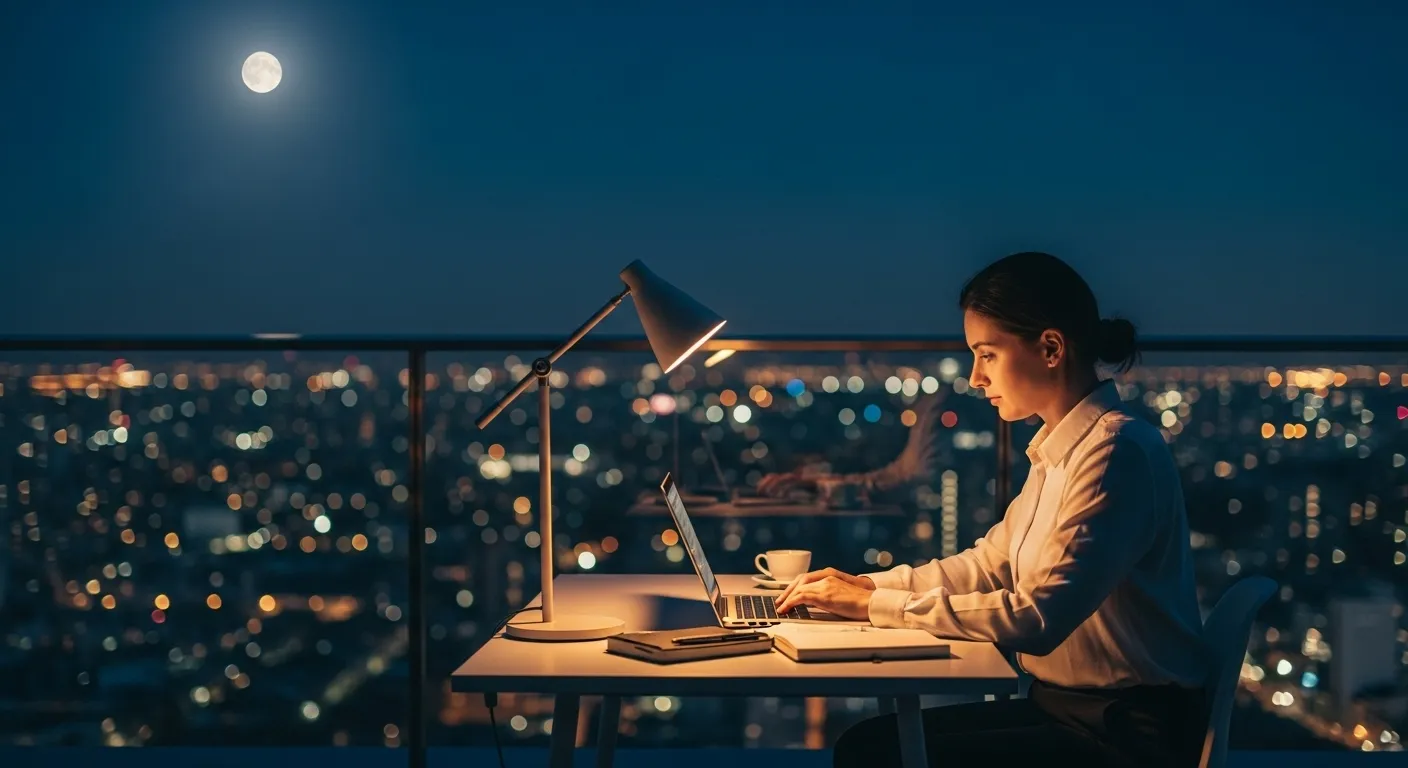 Wide view of a person at a desk on a city balcony at night, illuminated by their laptop and a lamp, under a moonlit sky.