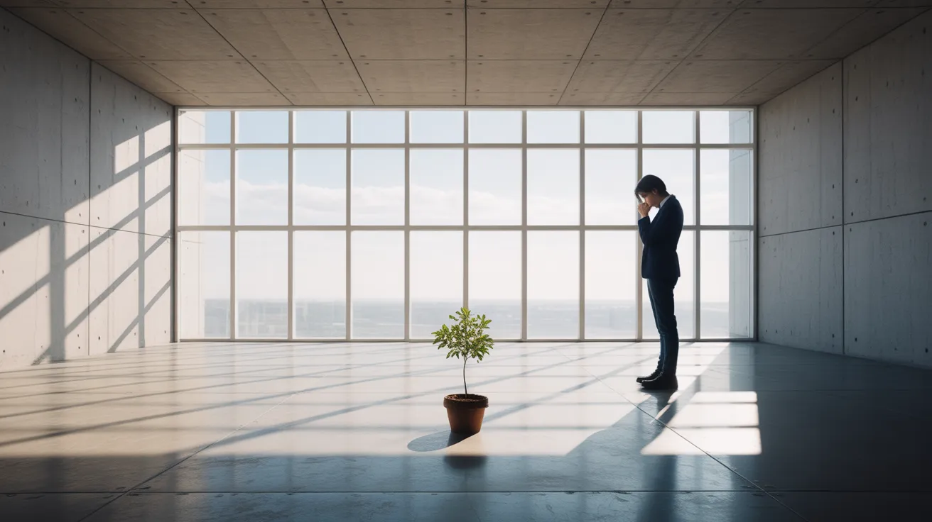 A person looks at a tiny sapling in a pot in the middle of a vast, sunlit minimalist office, a metaphor for starting a new habit.