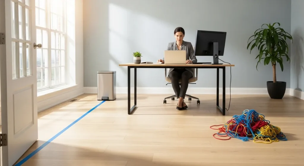 A woman works at a clean desk in a sunlit room. A straight line on the floor symbolizes an organized path, contrasted with a tangled ball of yarn.