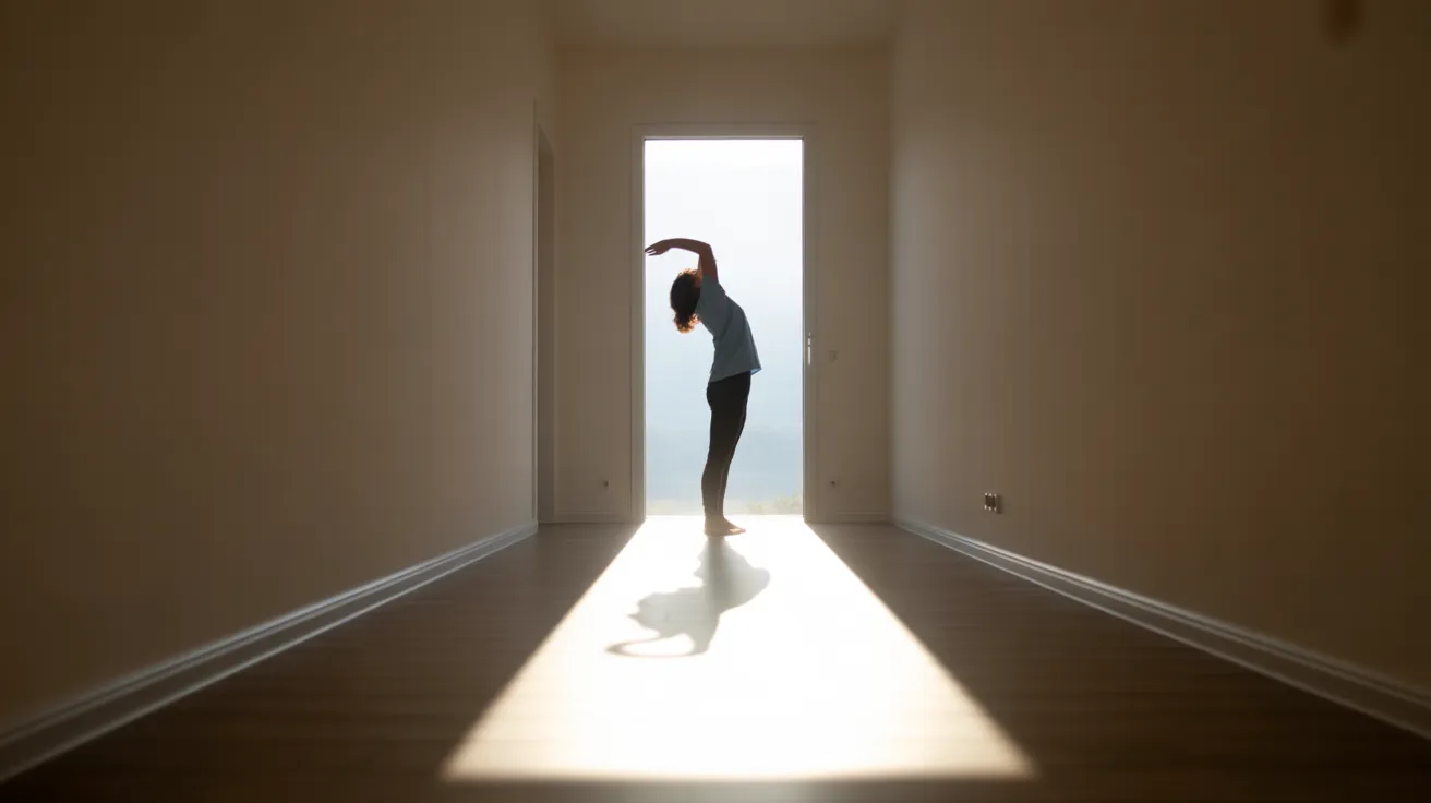 An individual stretching in a long, sunlit hallway of a modern home, where harsh light creates a defined path on the floor.