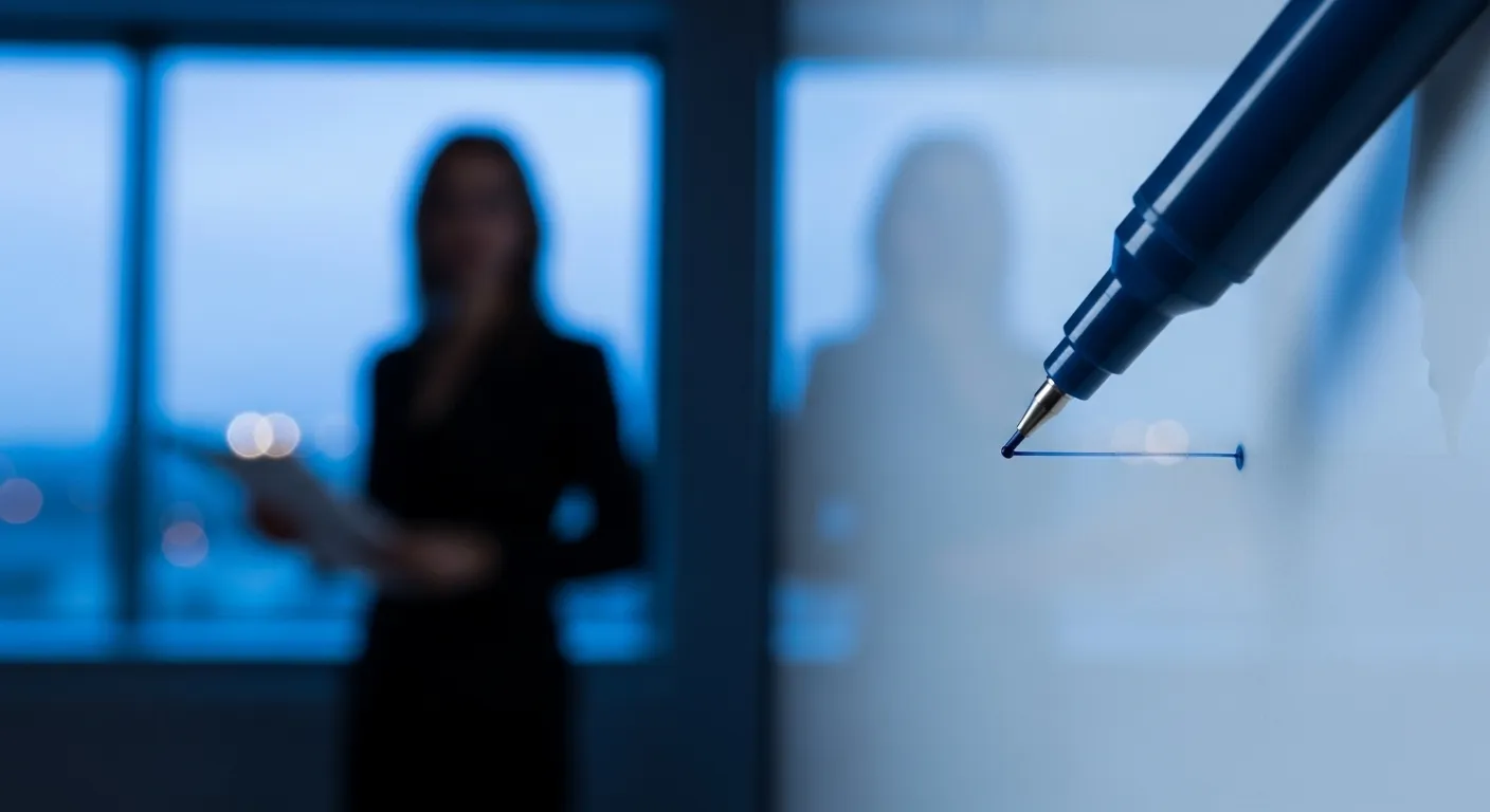 A macro photo of a marker tip on a glass whiteboard. In the soft-focus background, a person presents in an office at dusk.
