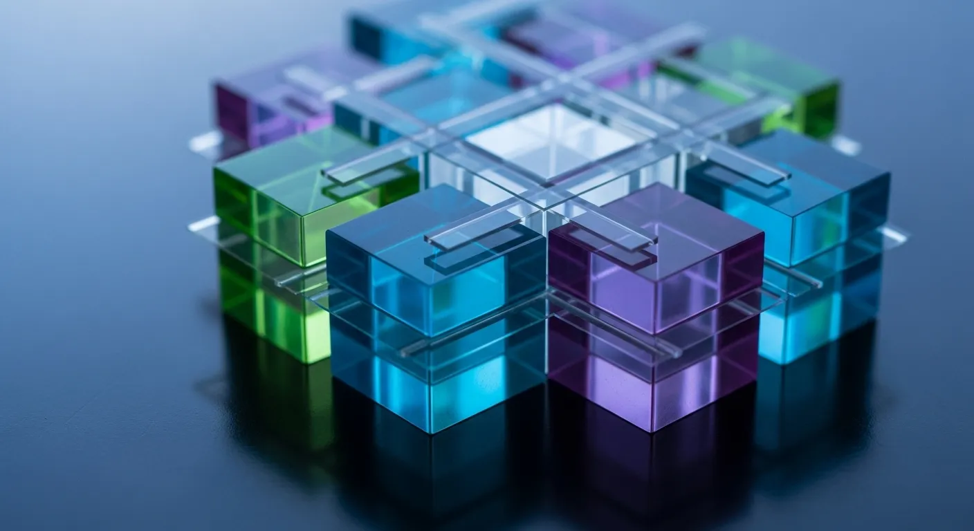 An extreme close-up of colorful, glowing translucent blocks stacked neatly on a dark surface at dusk.