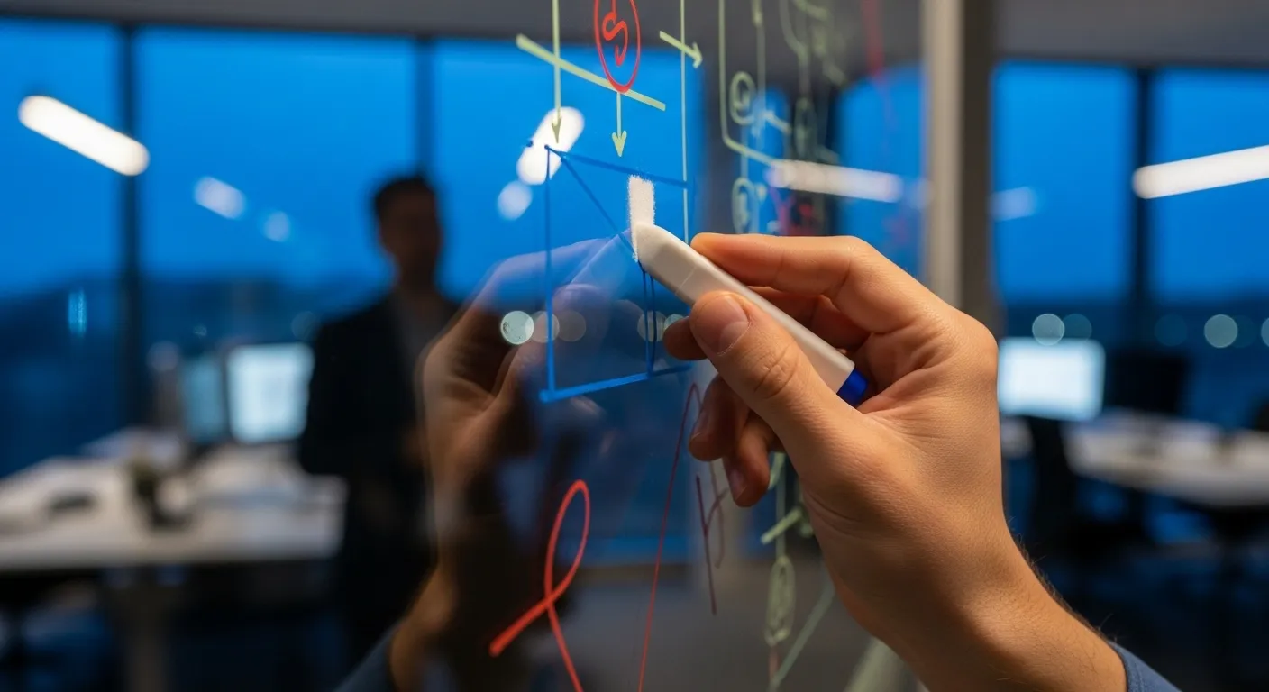 Close-up on a hand erasing a part of a diagram on a glass whiteboard in a softly lit office at dusk.