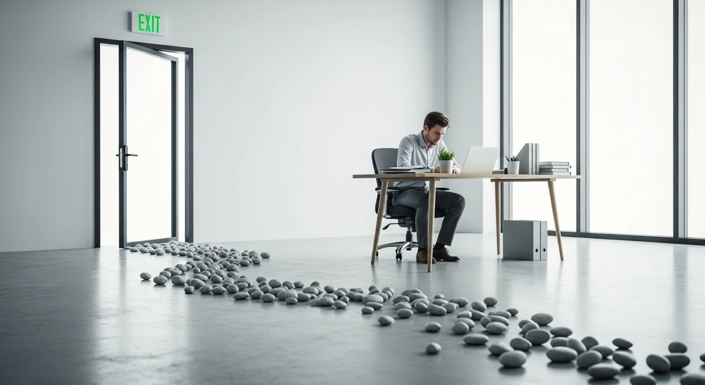 A person works at a tidy desk in a modern office, while a metaphorical path of small stones is scattered across the floor.