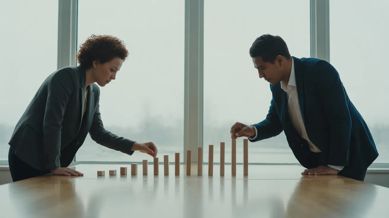 Two colleagues in a modern office build a straight line out of identical wooden blocks on a minimalist table, symbolizing step-by-step progress.