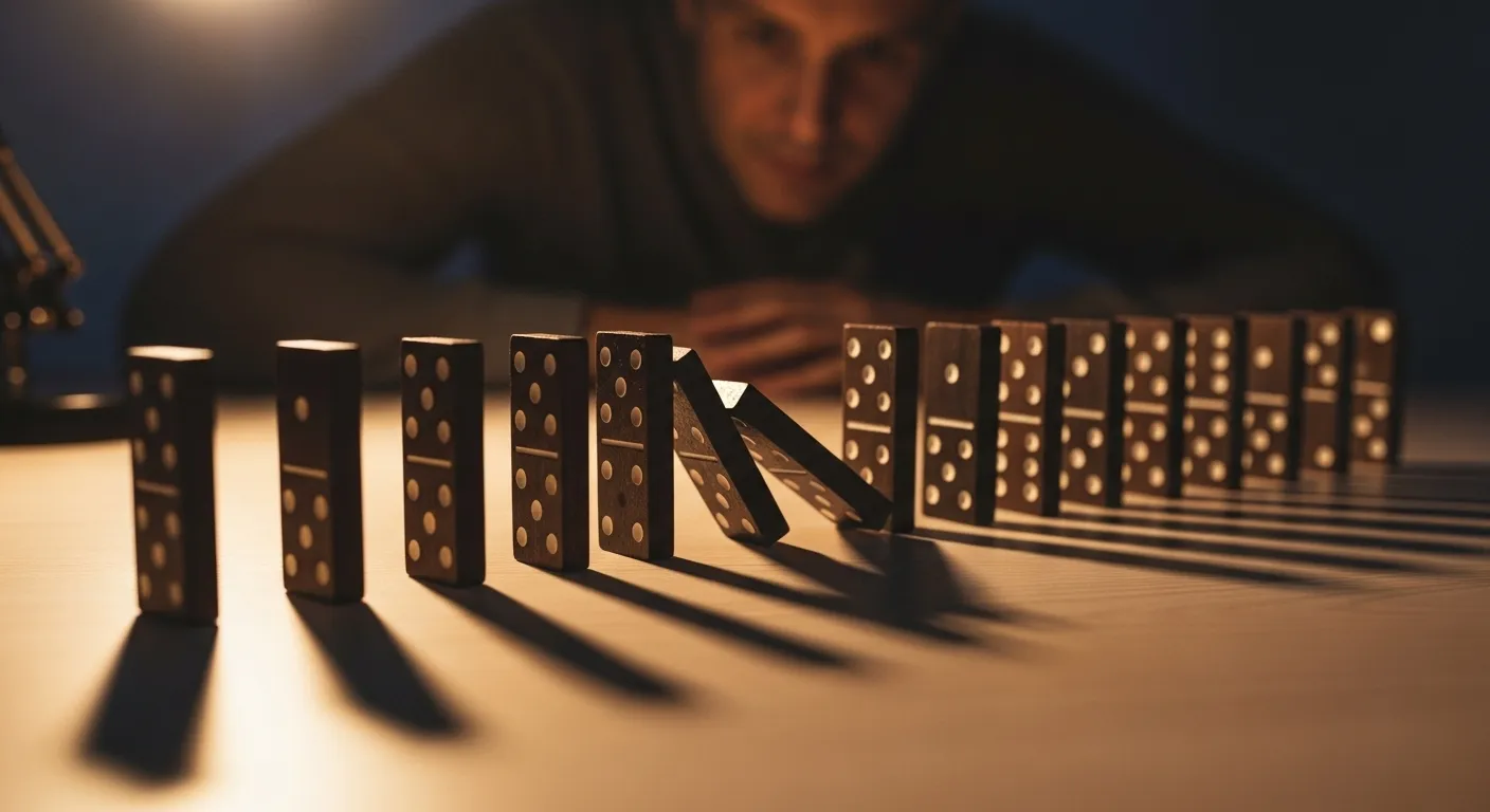 A close-up of a single fallen domino on a desk, with the rest of the dominoes in the line still standing under the warm glow of a lamp.