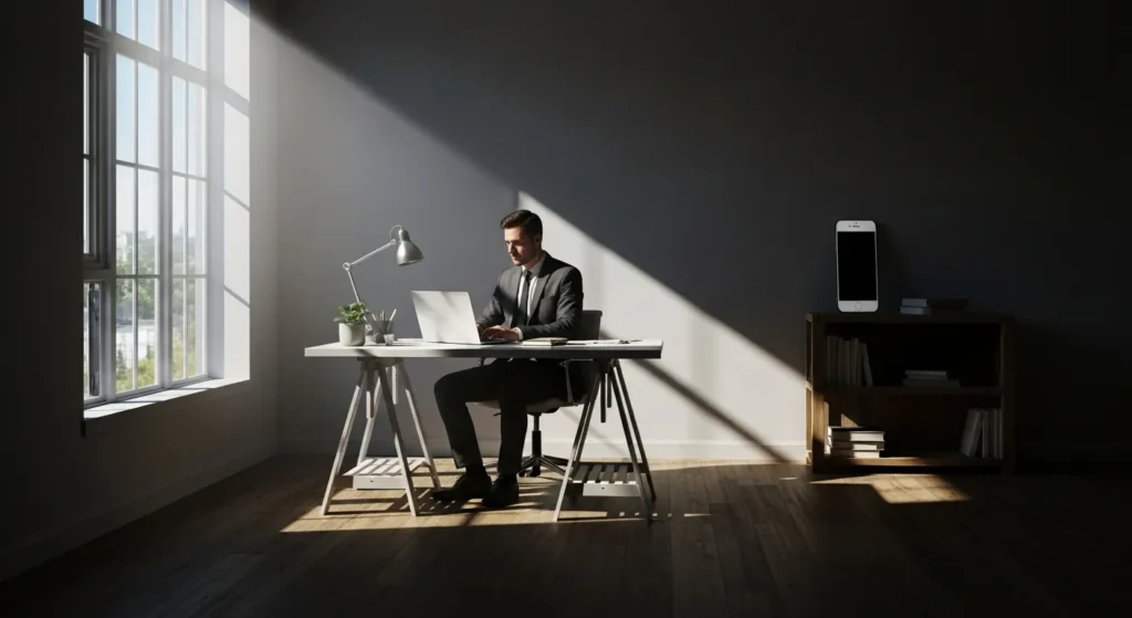 A person focused at a desk lit by a single beam of sunlight, with their phone placed separately in the shadows of the room.