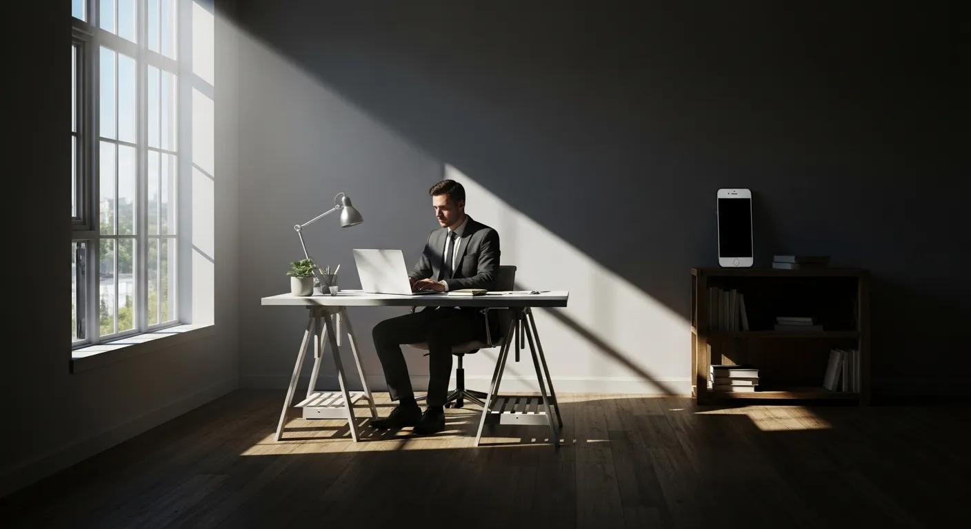 A person focused at a desk lit by a single beam of sunlight, with their phone placed separately in the shadows of the room.