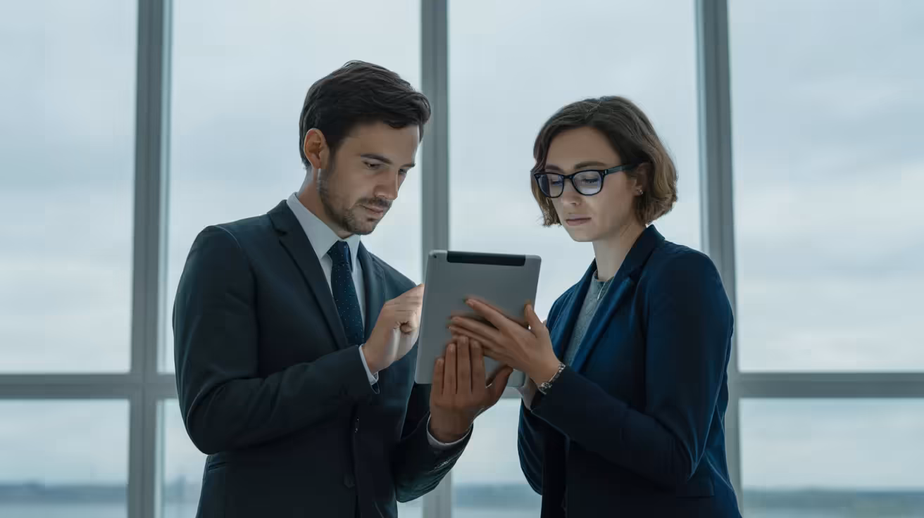 A man and a woman in business casual attire collaborate closely over a single digital tablet in a bright, modern office with soft, diffuse light.