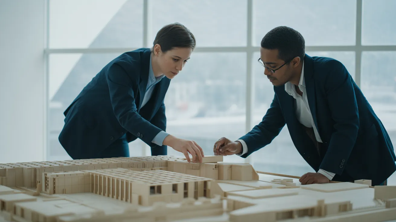 Two people in an office work together on an architectural model, one placing the very first small block to start construction.