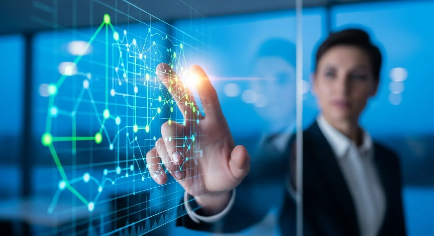 A close-up of a hand pointing to a glowing chart on a screen in a dim, modern office, symbolizing a strategic brain dump.