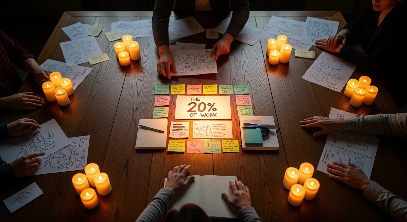 A top-down photo of a candlelit brainstorming session where a few key documents are brightly lit while many others remain in surrounding shadows.